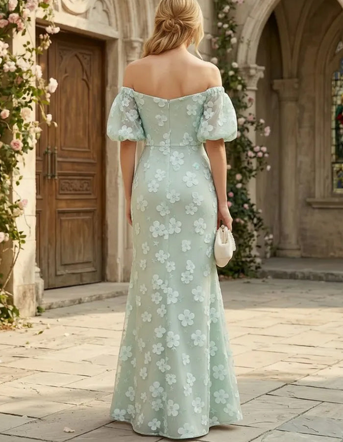Saliegroene off-shoulder maxi-jurk van chiffon met pofmouwen, 3D bloemen en hoge split