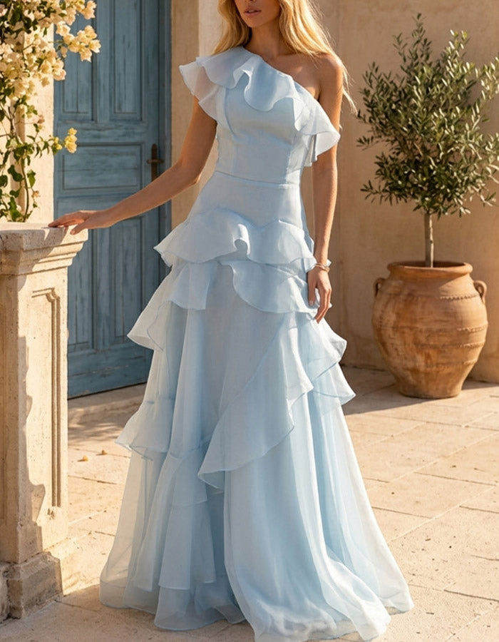 Pink One-Shoulder Cascading Ruffle Organza Maxi Dress