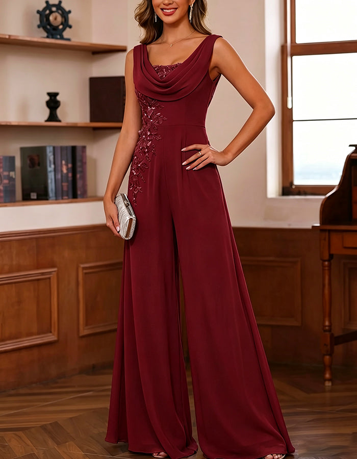 Cowl Neck Sleeveless Side Crystal Floral Embroidery Chiffon Wide Leg Jumpsuit