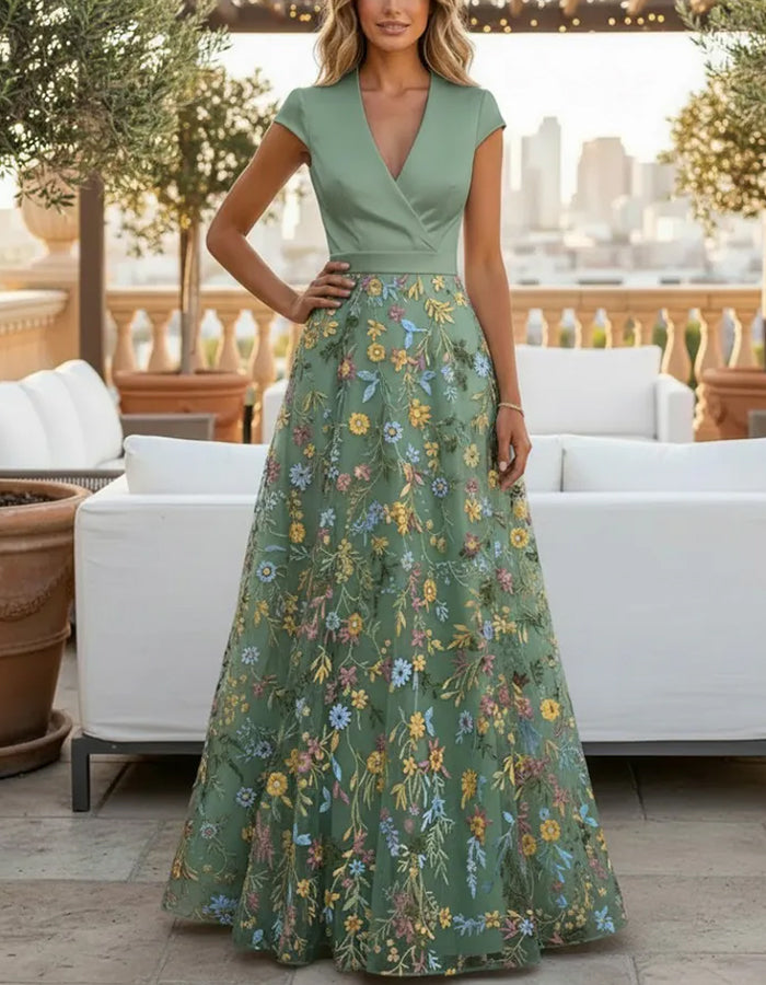 Sage Green Deep V Cap Sleeve Floral Embroidery Mesh Maxi Dress