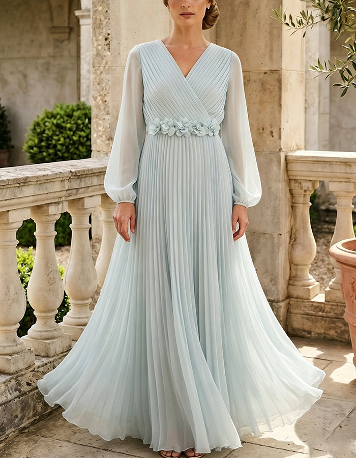Light Blue Long Sleeve 3D Floral Waist All Over Pleated Chiffon Maxi Dress