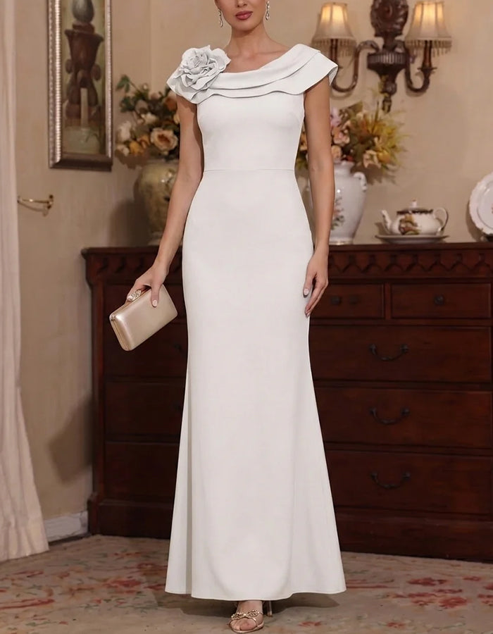 Asymmetrical Ruffle Shoulder Big 3D Flower Maxi Dress
