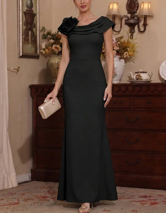 Asymmetrical Ruffle Shoulder Big 3D Flower Maxi Dress