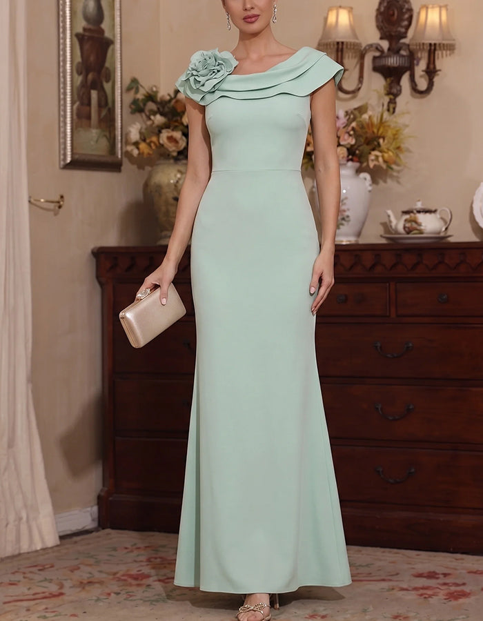 Asymmetrical Ruffle Shoulder Big 3D Flower Maxi Dress
