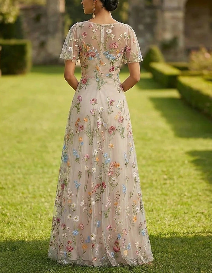 Vestido longo de tule cor sólida com bordado floral, decote em V e estilo curto  