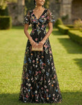 Solid Color Floral Embroidered Tulle V-Neck Short Style Maxi Dress