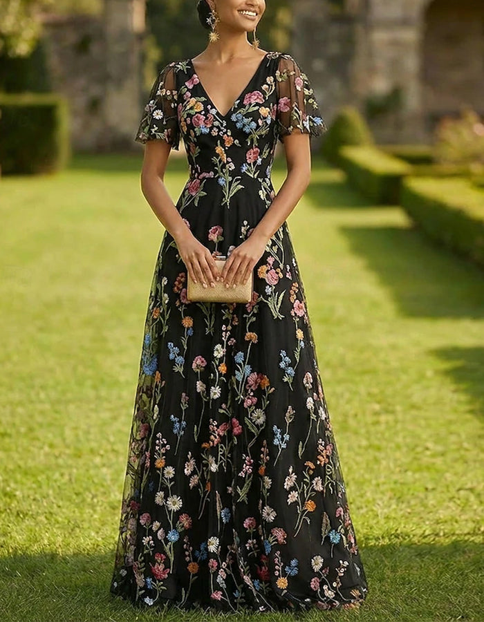 Solid Color Floral Embroidered Tulle V-Neck Short Style Maxi Dress