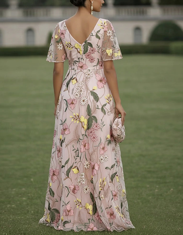 Vestido longo de tule cor sólida com bordado floral, decote em V e folhos com mangas curtas  