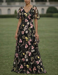 Solid Color Floral Embroidered Tulle V-Neck Ruffle Short Sleeve Maxi Dress