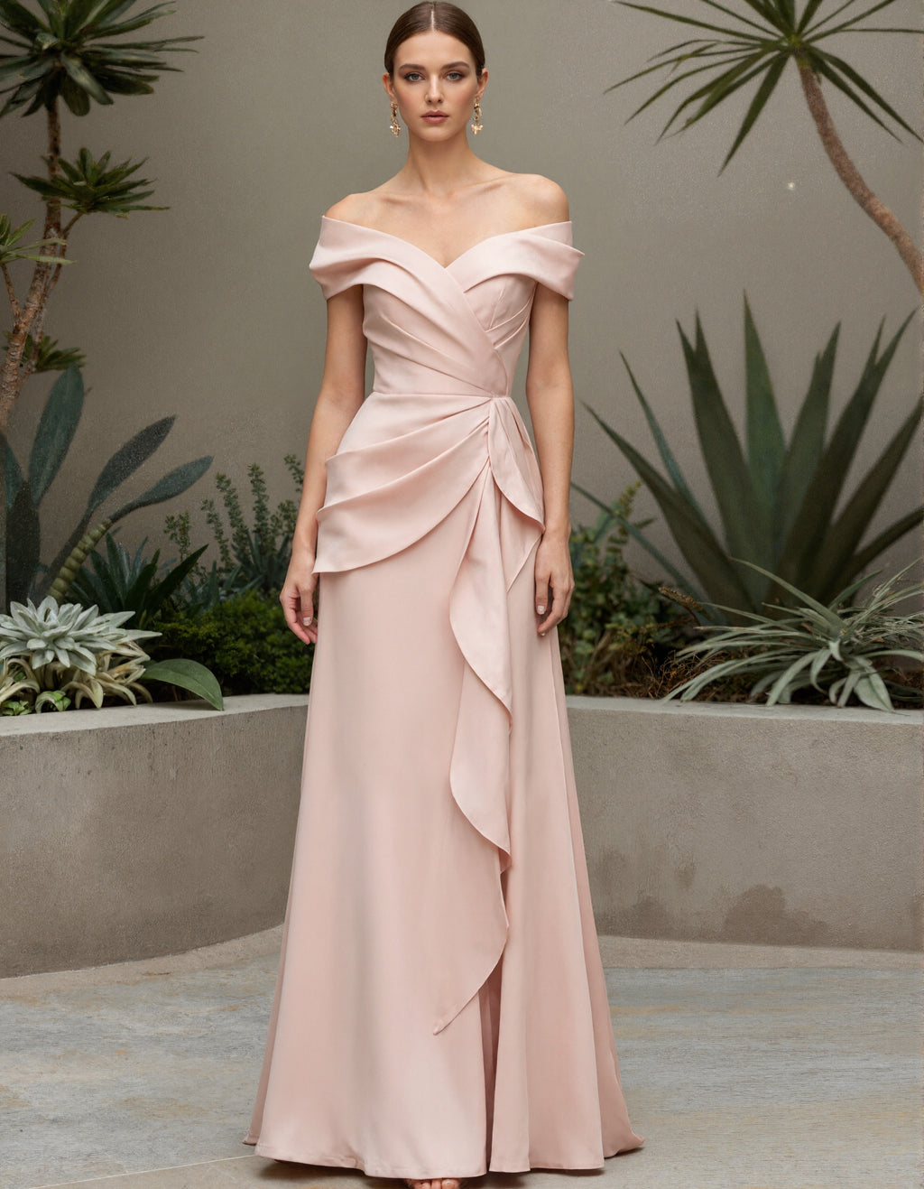 Pink Satin Off Shoulder Cross Maxi Dress
