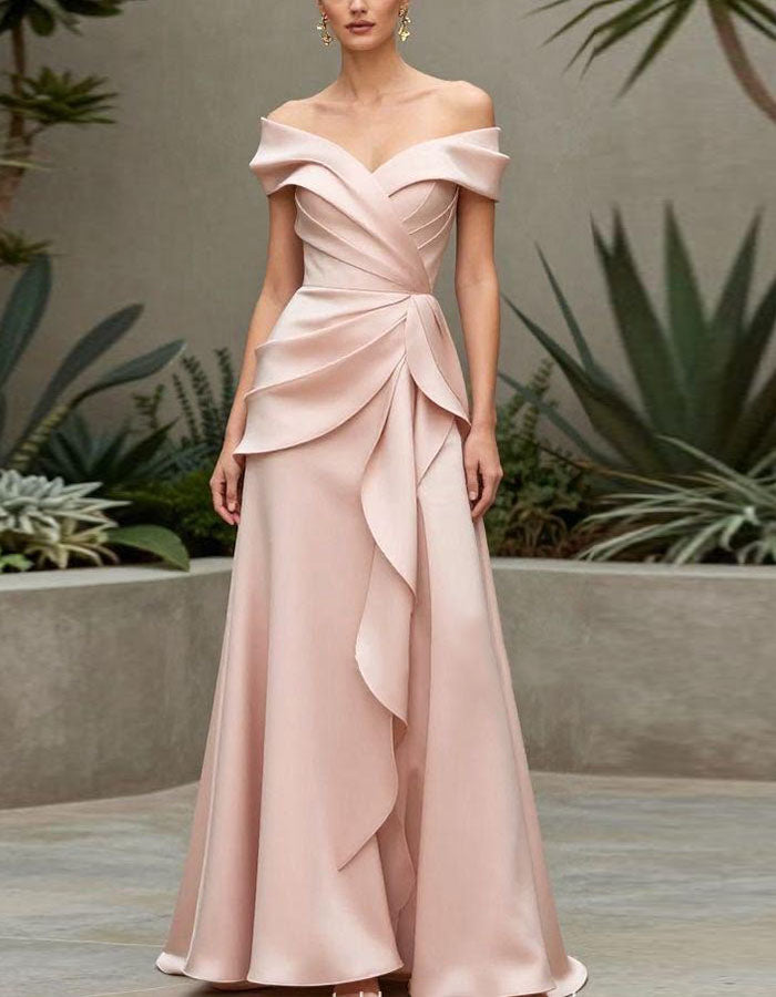 Pink Satin Off Shoulder Cross Maxi Dress