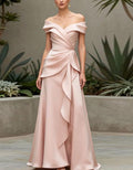 Pink Satin Off Shoulder Cross Maxi Dress