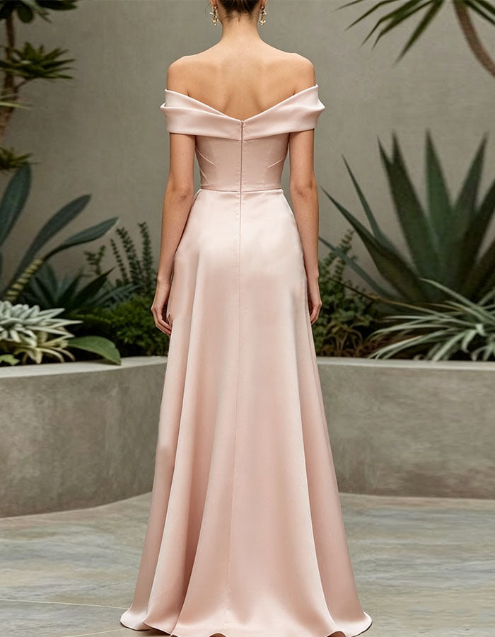 Pink Satin Off Shoulder Cross Maxi Dress