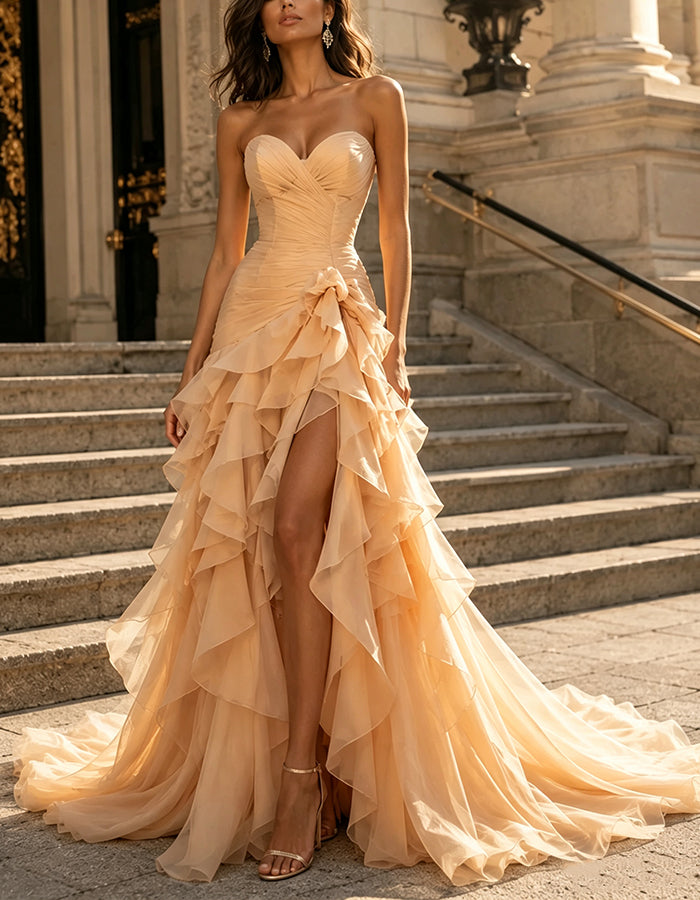 Solid Color Chiffon Multi Layered Ruffles Maxi Dress