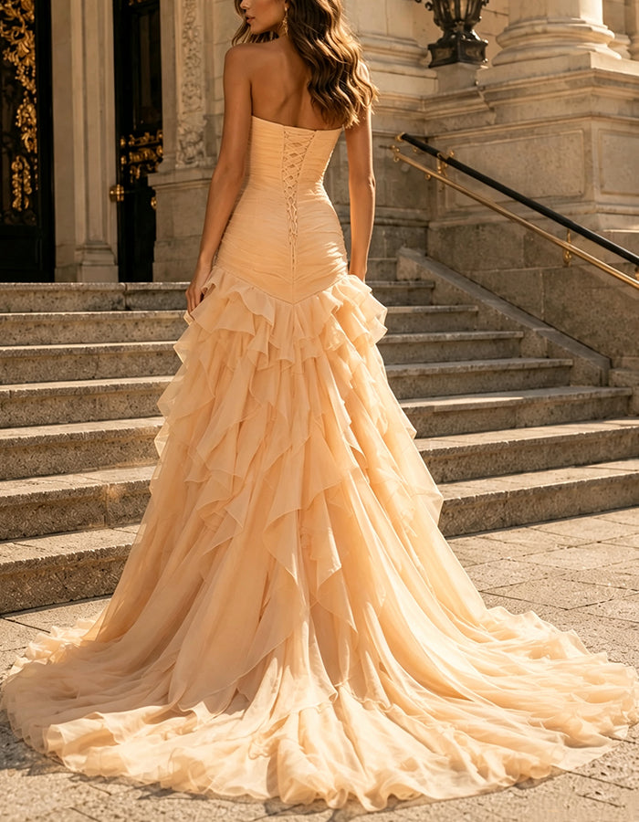 Solid Color Chiffon Multi Layered Ruffles Maxi Dress