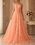 Light Orange Chiffon One Shoulder Floral Lace Maxi Dress