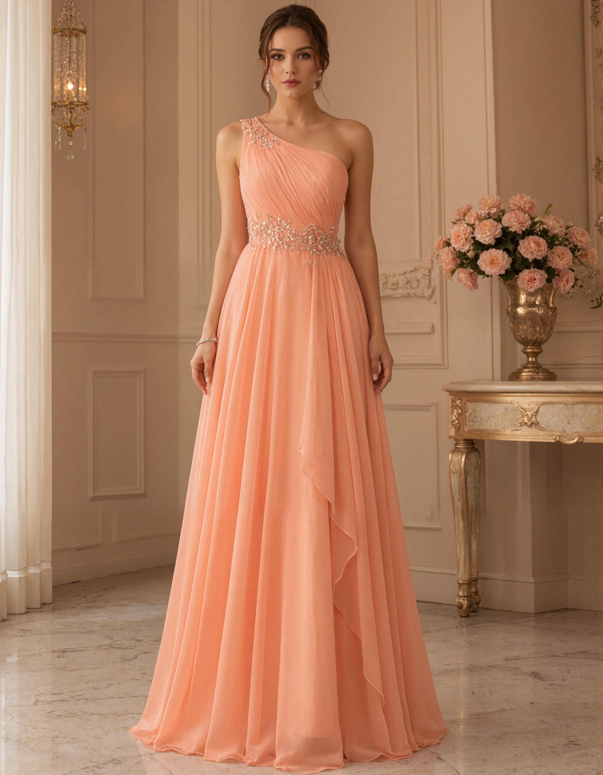 Robe longue en mousseline orange clair à une épaule avec dentelle florale  