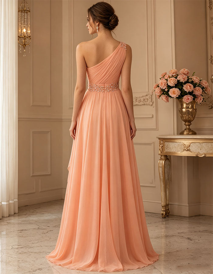 Robe longue en mousseline orange clair à une épaule avec dentelle florale  