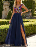 Navy Blue V Cap Sleeve Multicolor Floral Embroidery Chiffon Maxi Dress
