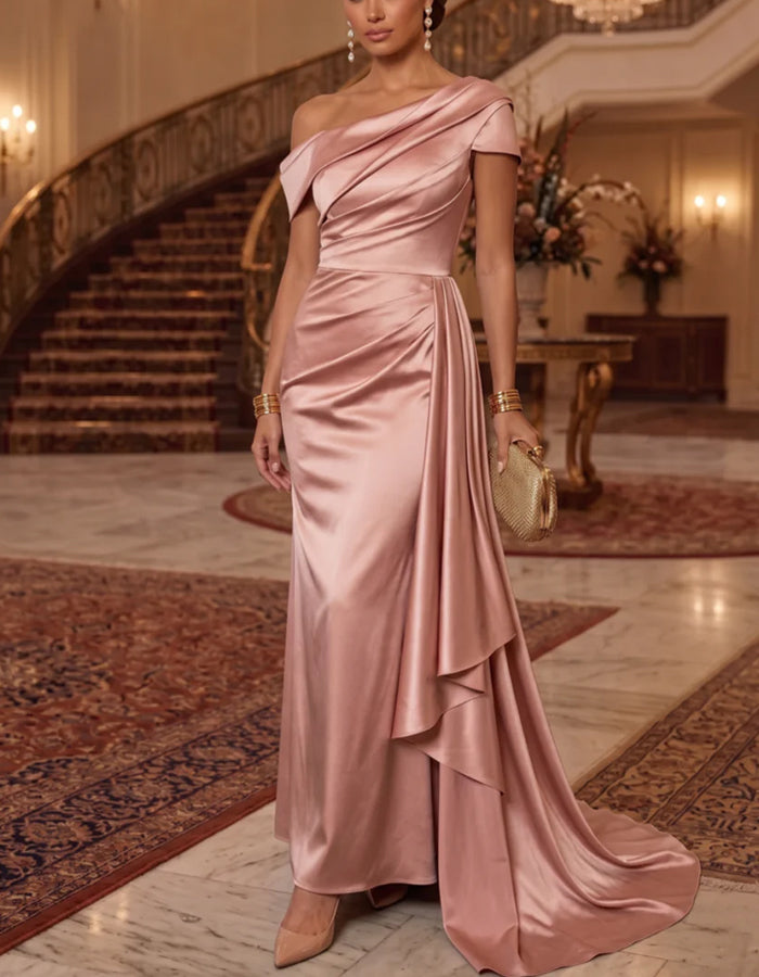 Pink One Shoulder Draped Neck Side Ruffle Satin Maxi Dress