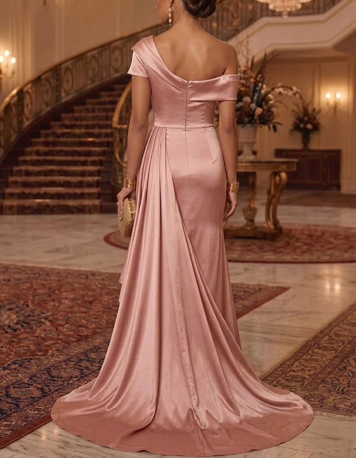 Vestido longo rosa com um ombro, decote drapeado e folho lateral de cetim  
