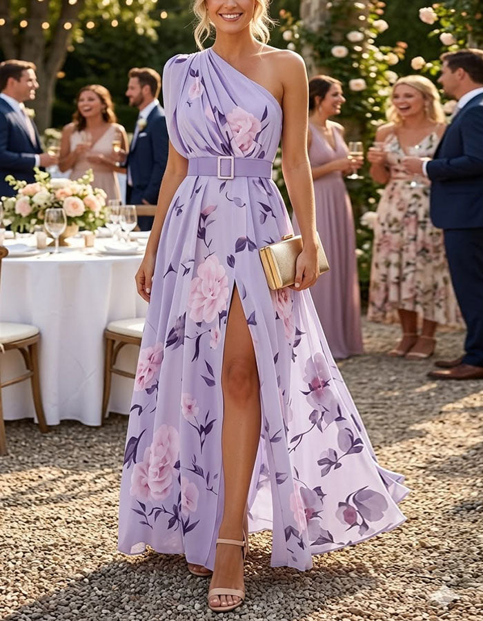 Lavender Chiffon One Shoulder Print Maxi Dress