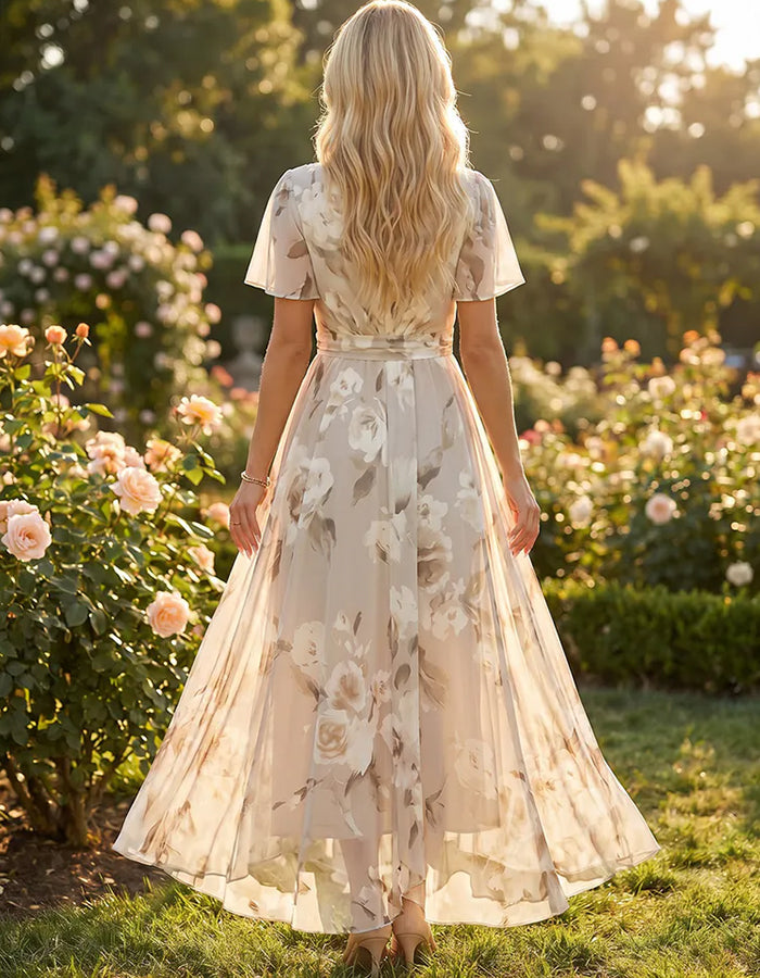 Robe longue crème en mousseline à manches papillon avec imprimé floral  