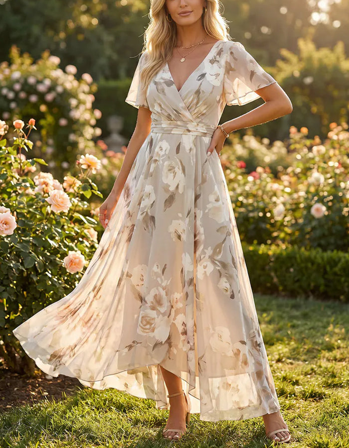 Cream V Flutter Sleeve Floral Print Chiffon Maxi Dress
