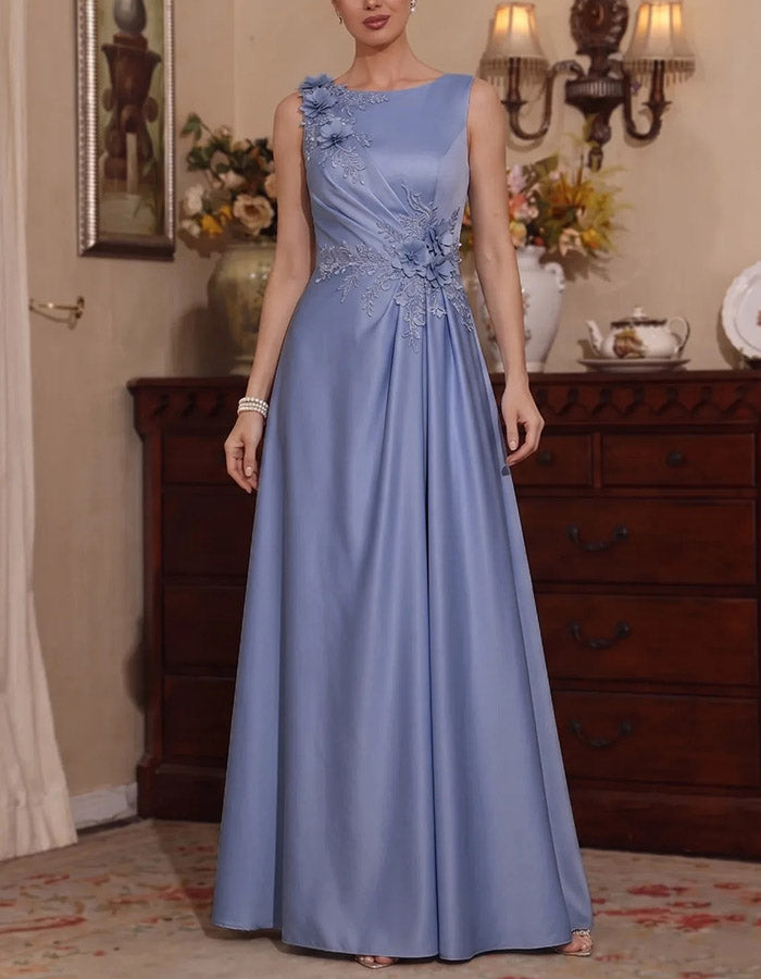 Blue Illusion Round Neck Sleeveless Lace Applique Satin A-Line Maxi Dress