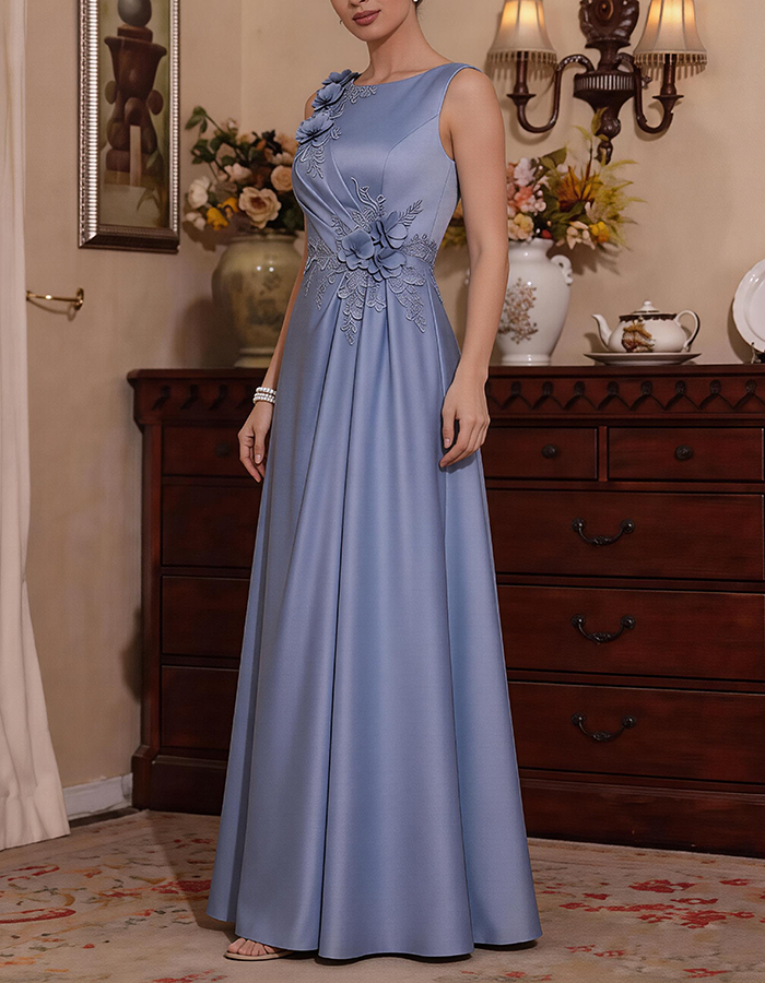 Blaues Illusions-Maxikleid mit Rundhalsausschnitt, ärmellos, Spitzenapplikation und Satin im A-Linien-Stil