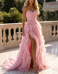Pink Sweetheart Strapless Pleated Bodice Cascading Ruffle Organza Maxi Dress