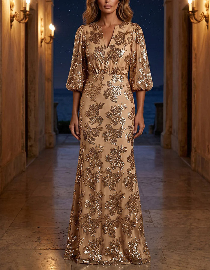 Gold Sequin Embellished V-Neck Puffed Sleeve Mesh Mermaid Maxi Dress