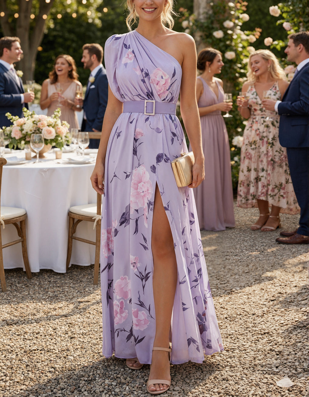 Lavender Chiffon One Shoulder Print Maxi Dress