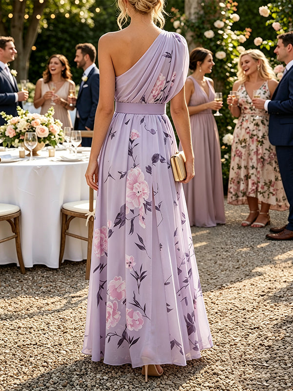 Lavender Chiffon One Shoulder Print Maxi Dress