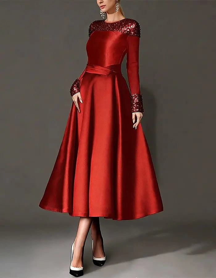 Round Neck Satin Pearl Midi Dress