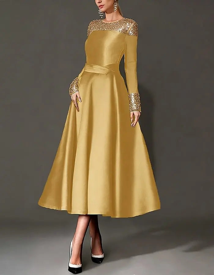 Round Neck Satin Pearl Midi Dress