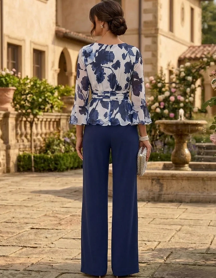Marineblauw chiffon bloemen boothals & effen marine wijde pijpen broek tweedelig set