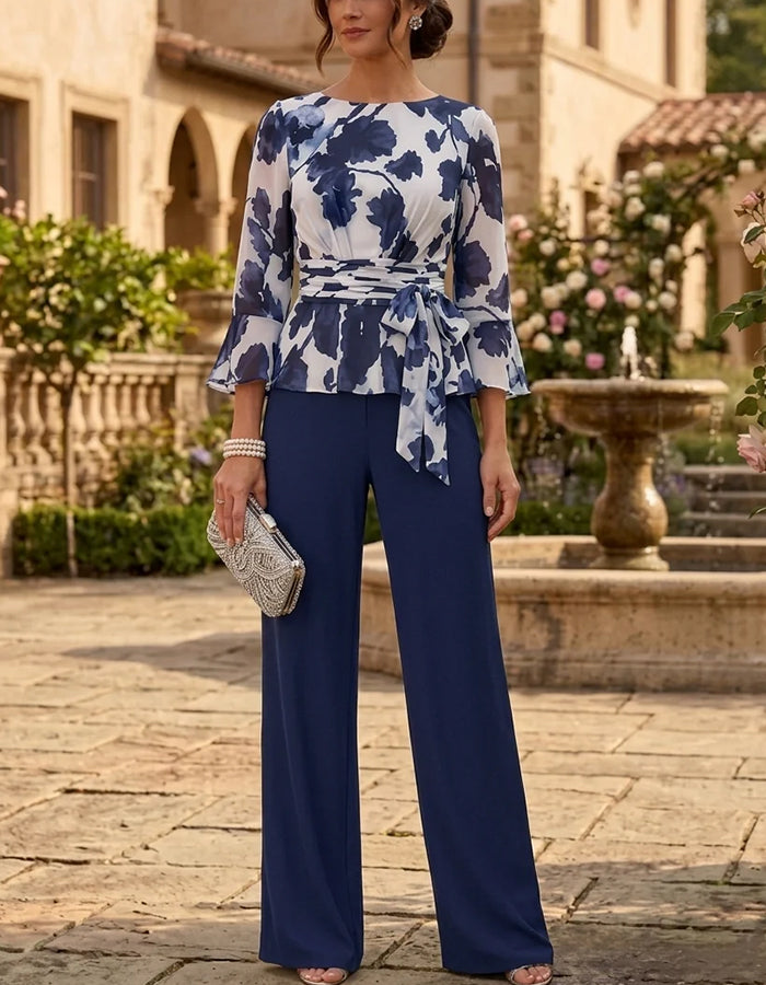 Navy Blue ChiffonFloral Boat Neck & Solid Navy Wide Leg Pants Two-Piece Set