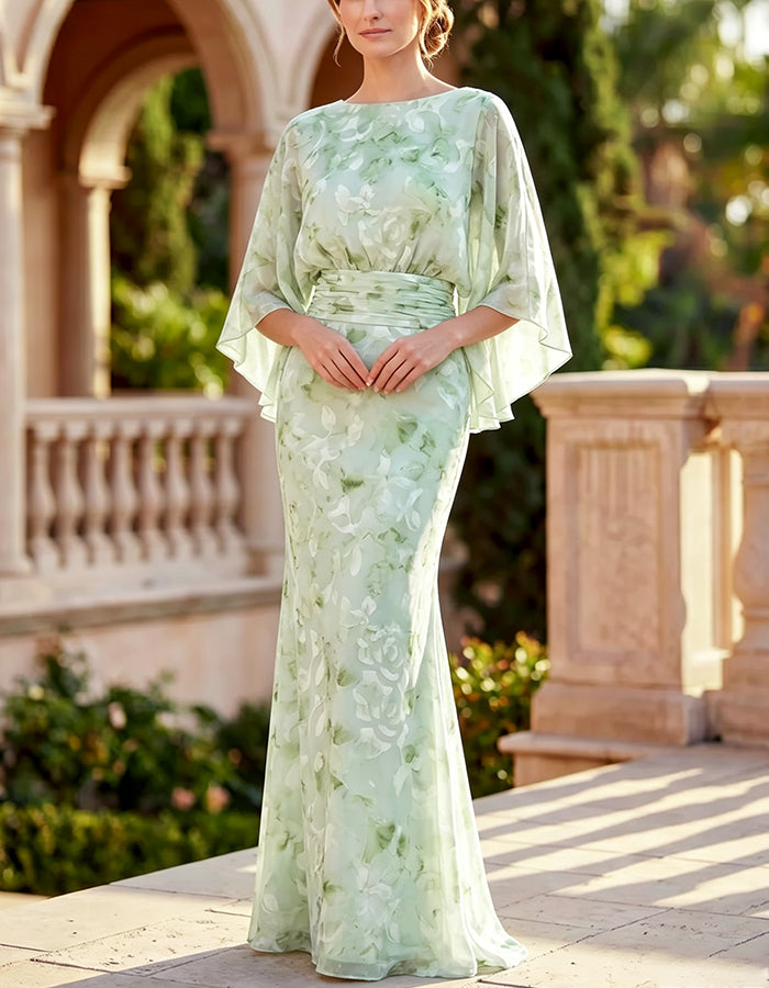 Robe longue en mousseline vert sauge à col bateau avec manches cape évasées et taille froncée