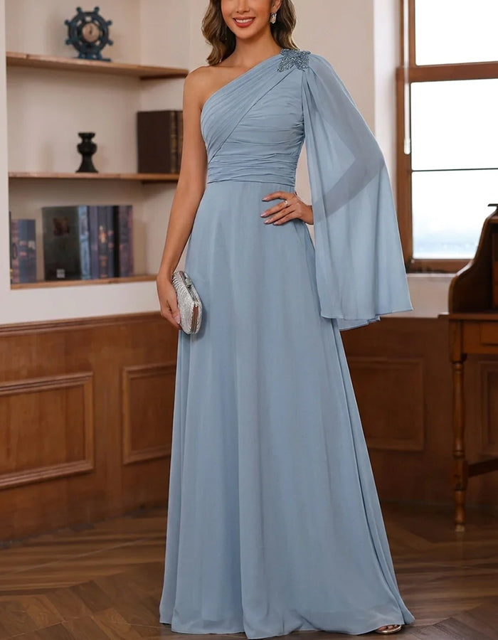 Dusty Blue One Shoulder Cape Sleeve Cross Ruched Chiffon Maxi Dress