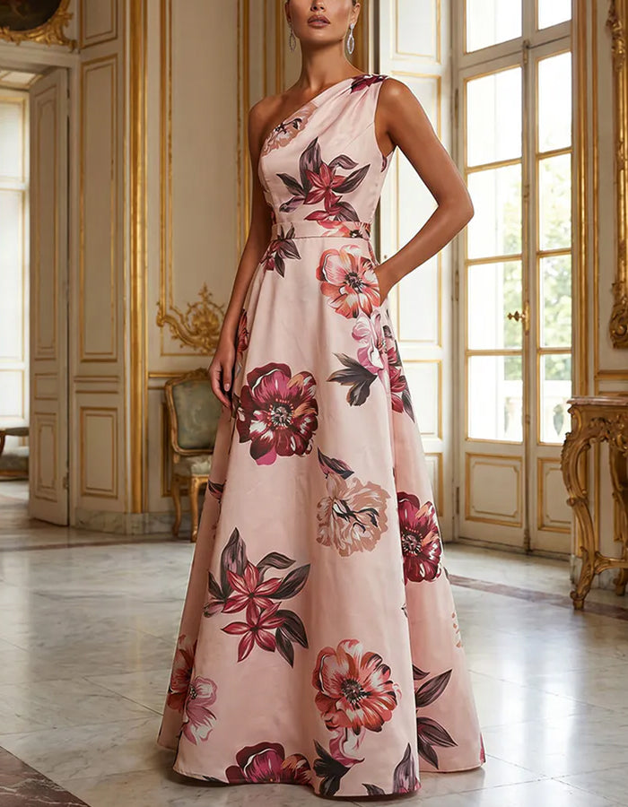 Pink One Shoulder Floral Print Satin A-Line Maxi Dress