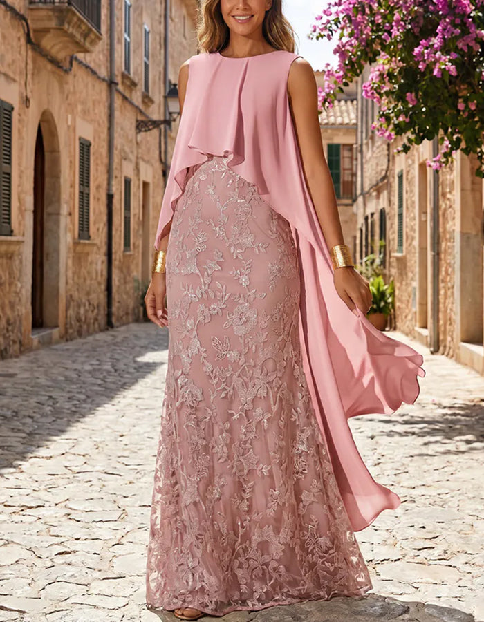 Pink Round Neck Sleeveless Chiffon Cape Overlay Maxi Dress
