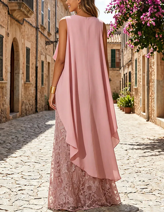 Rochie maxi roz din chiffon, fără mâneci, cu guler rotund și suprapunere tip pelerină