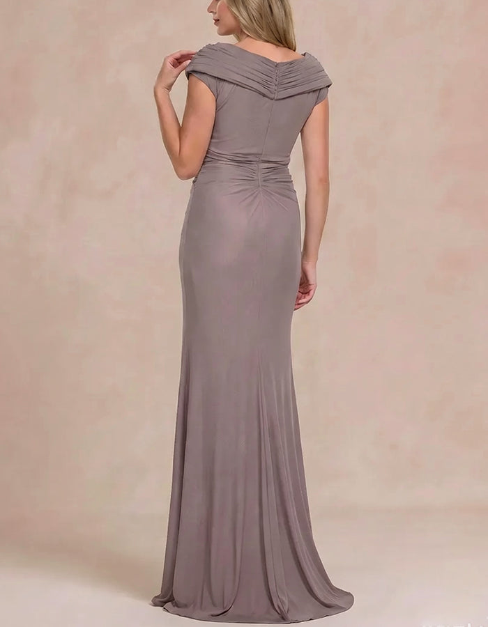 Mauve Pink V Neck Cap Sleeve Side Ruched Cascading Ruffle Chiffon Maxi Dress