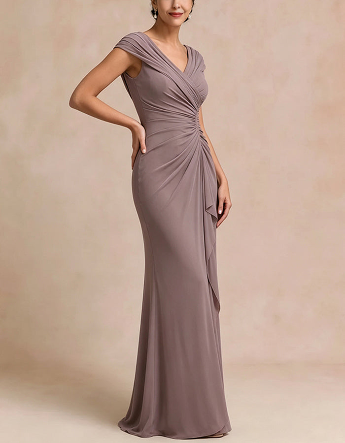 Mauve Rosa V-Ausschnitt mit Kappärmel seitlich gerafftes stufenförmiges Rüschchen Chiffon Maxikleid
