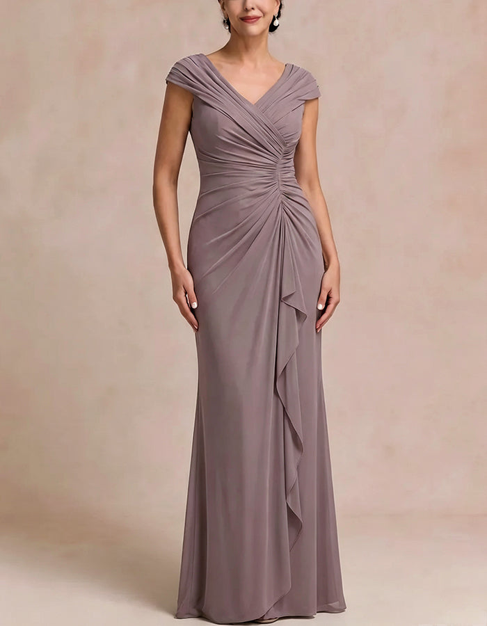 Mauve Pink V Neck Cap Sleeve Side Ruched Cascading Ruffle Chiffon Maxi Dress