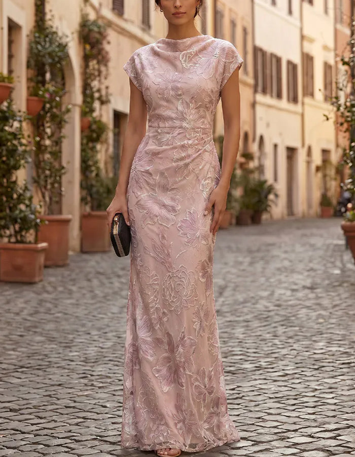 Pink Cowl Neck Cap Sleeve Lace Side Ruched Mermaid Maxi Dress