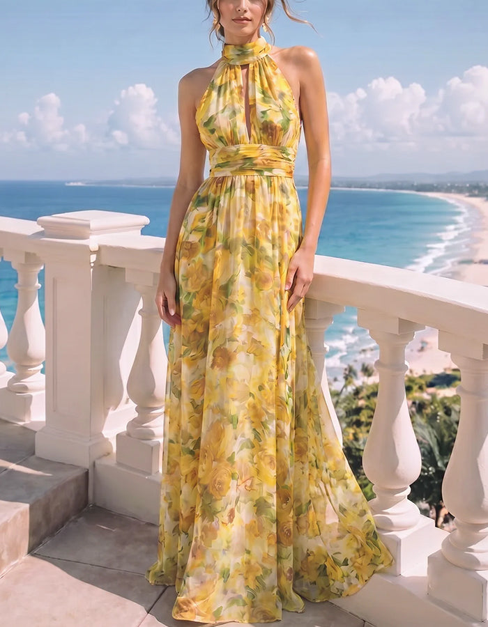 Yellow High Halter Keyhole Neck Sleeveless Floral Print Chiffon Maxi Dress