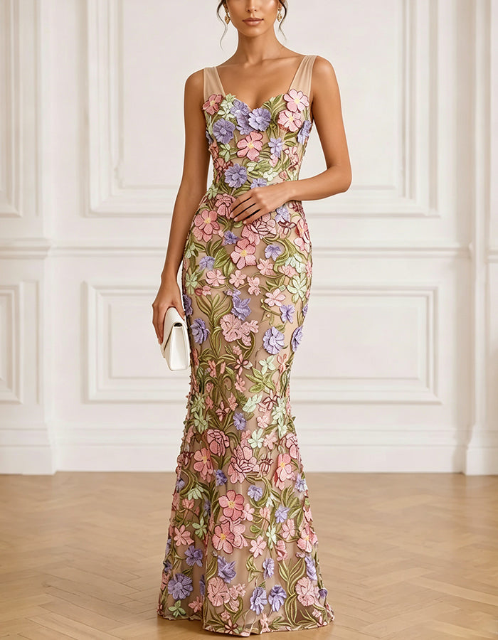 Maxikleid aus Mesh mit Nude-Ton, Sweetheart-Ausschnitt, Spaghettiträgern und mehrfarbiger 3D-Blumenstickerei