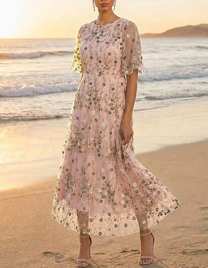 Dark Green Illusion Round Neck Short Sleeve Sequin Mesh A-Line Midi Dress